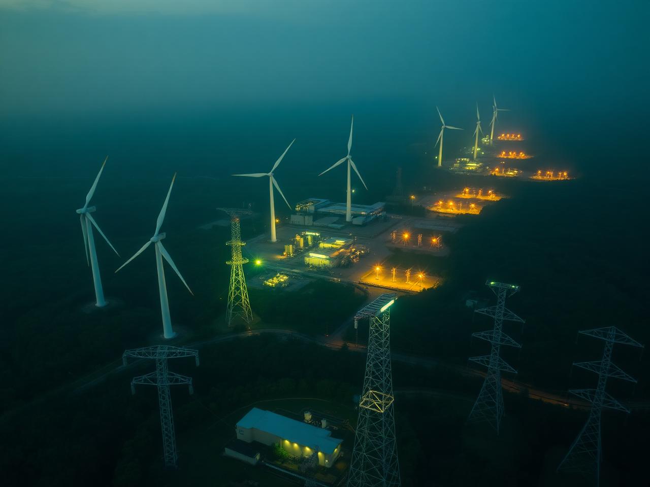 Aerial view of energy infrastructure including wind turbines and transmission towers at dusk